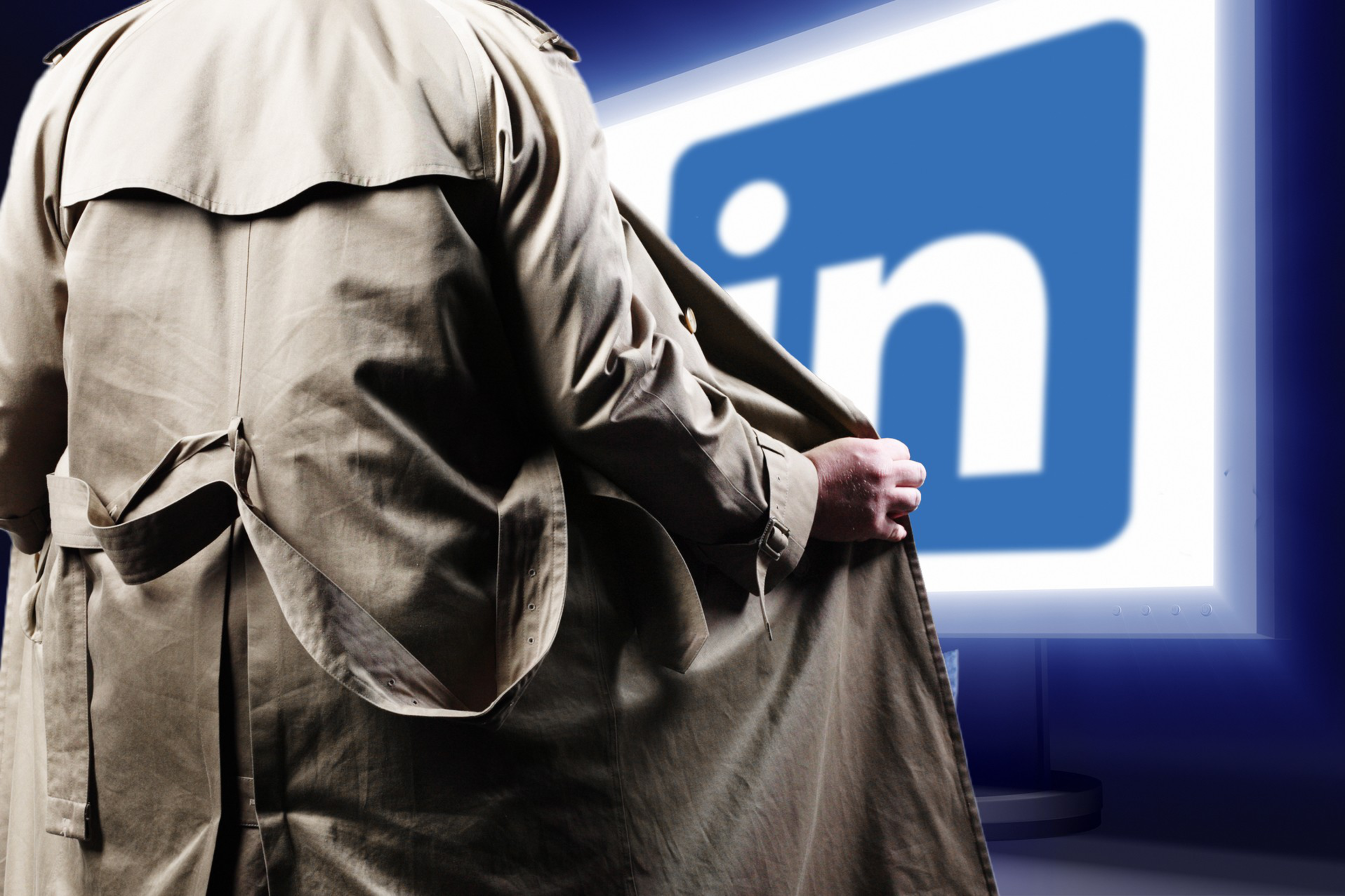 A person in a trench coat is facing a large screen displaying the LinkedIn logo, with the coat held open dramatically, as if to reveal something.