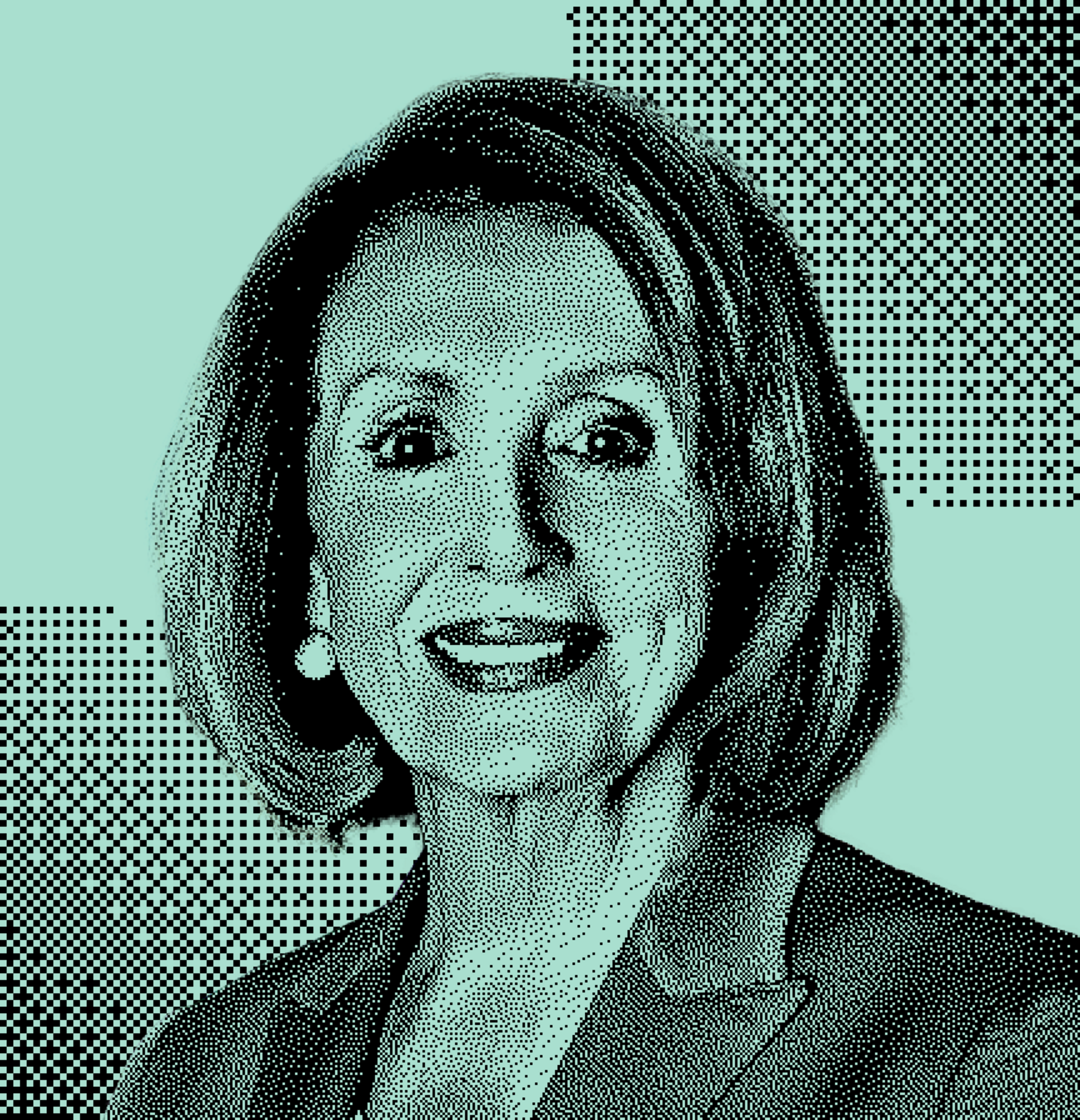 The image is a stylized, teal-toned portrait of a middle-aged individual with short hair, wearing a suit jacket. The background features a dotted pattern.