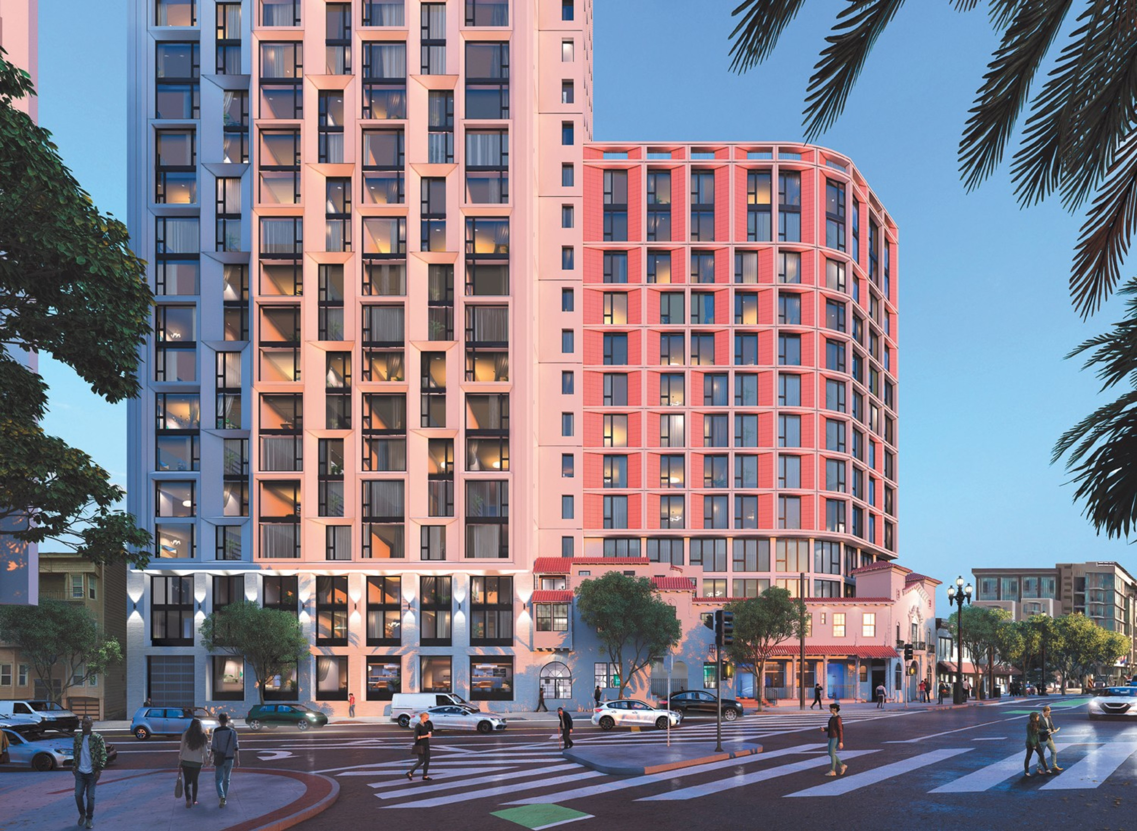 The image shows a modern cityscape with tall, multi-story buildings featuring large windows. People are walking on the crosswalk, and several cars are on the street below.