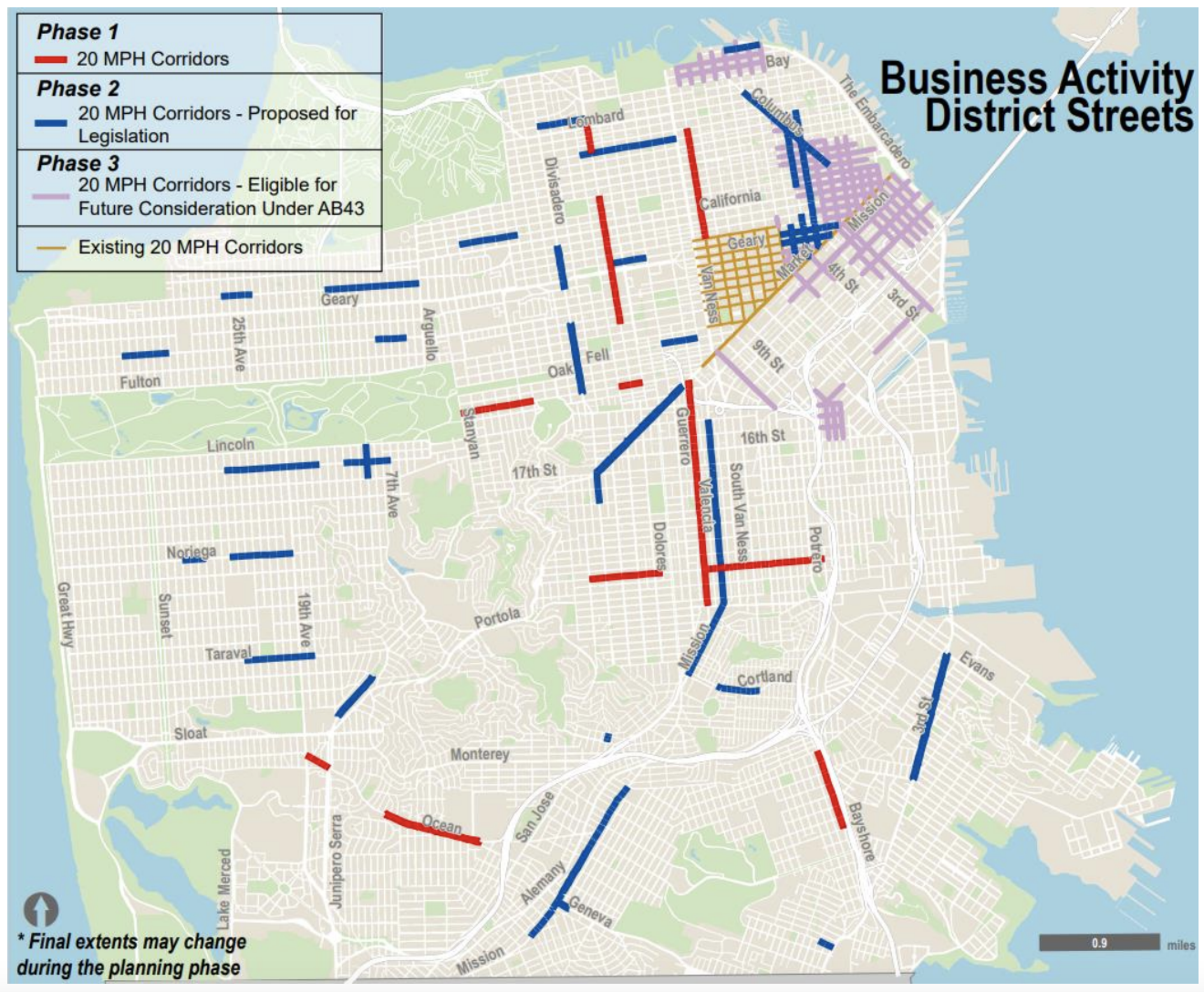 A map of San Francisco shows 20 MPH corridor phases: red for Phase 1, blue for proposed Phase 2, purple for Phase 3 consideration, and existing corridors in orange.