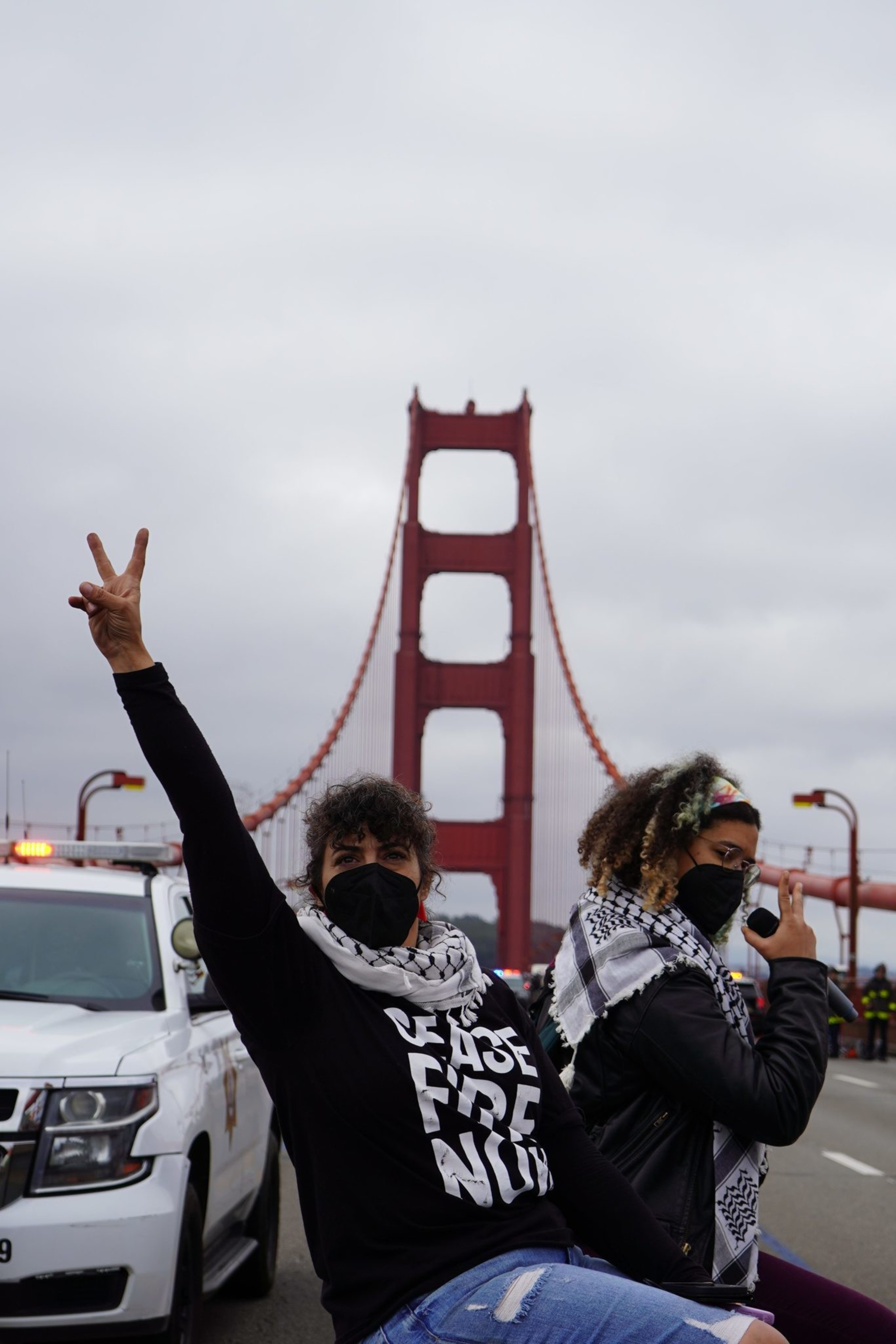 A protesters on a bridge. 