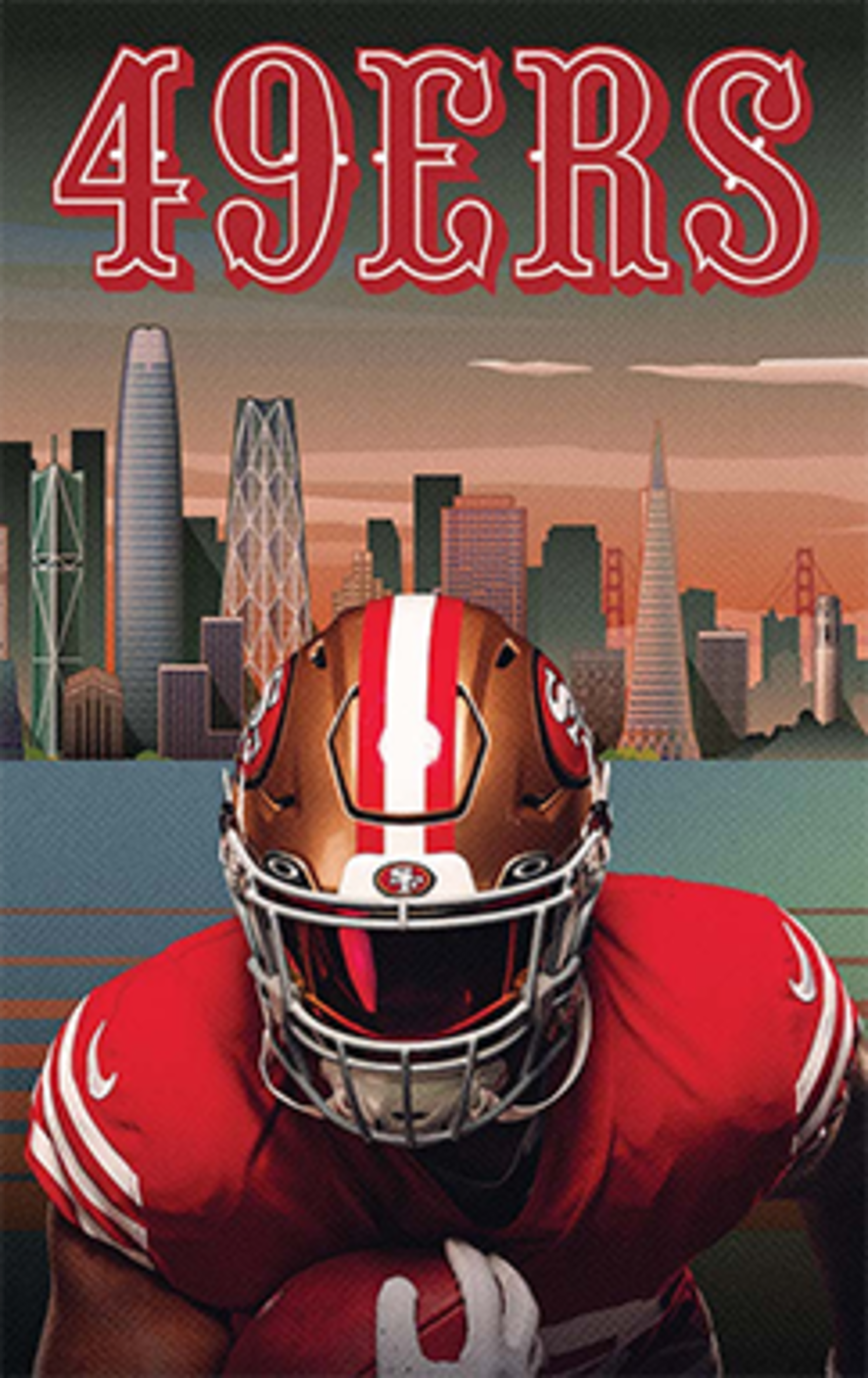 A football player in a red and gold 49ers uniform holds a ball, with the San Francisco skyline and Golden Gate Bridge in the background.