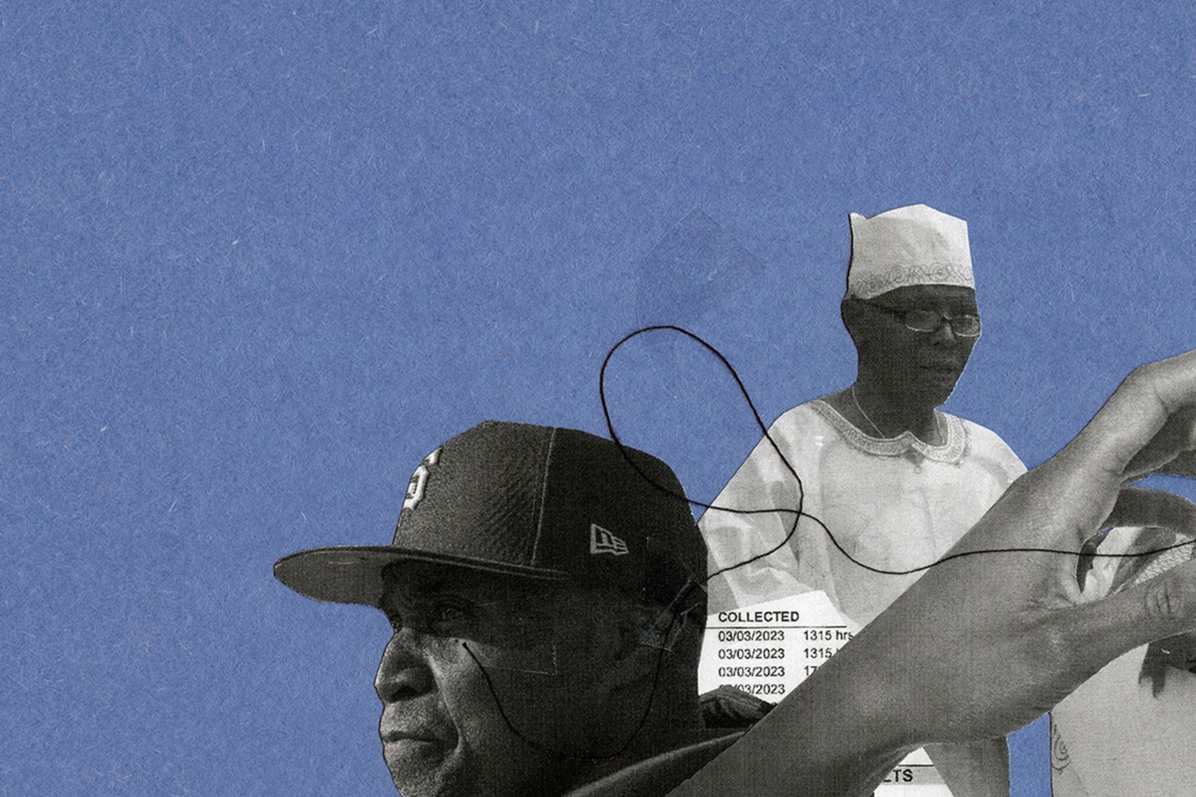 An abstract photo collage with two men and fragments of paper documents.