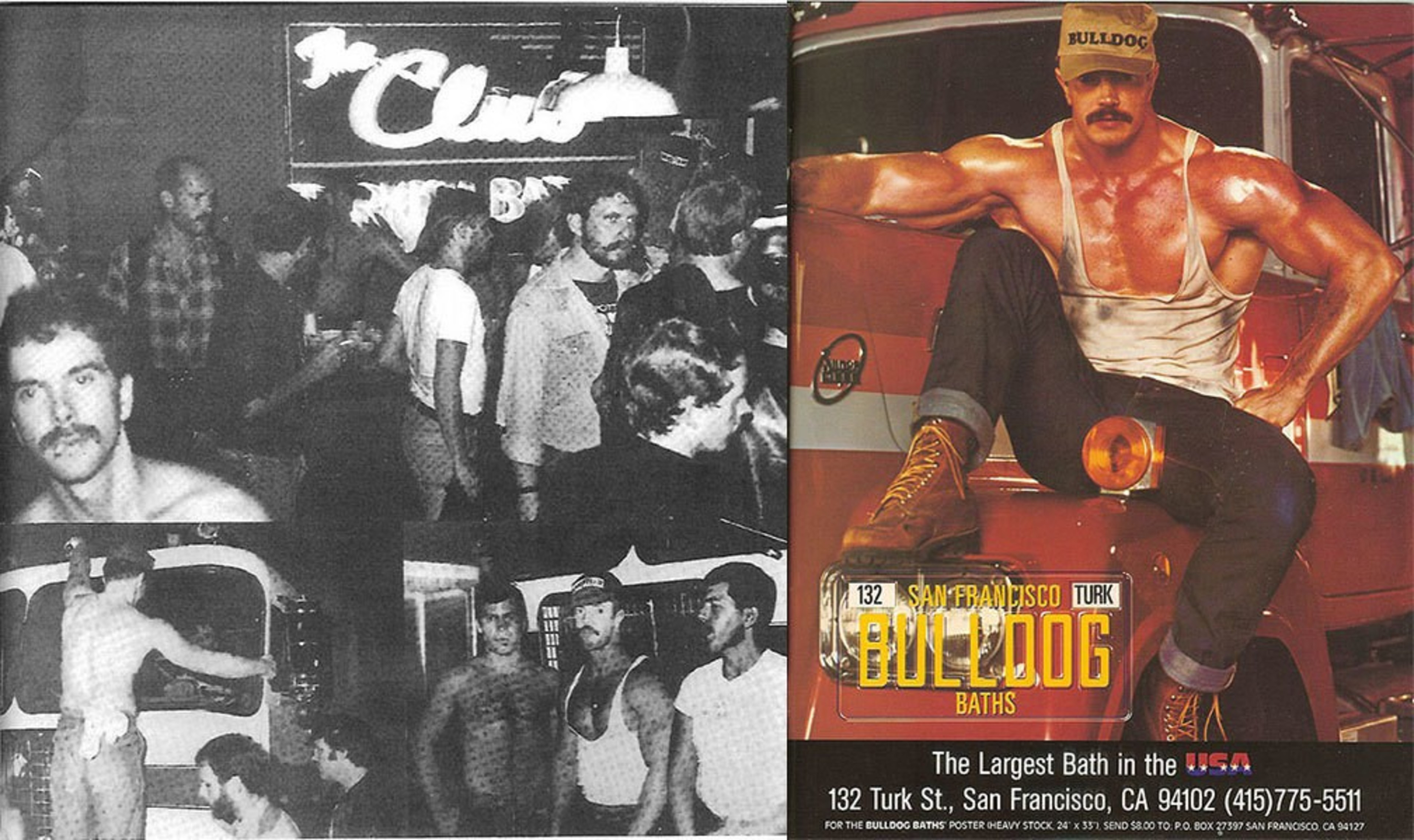 The image shows a crowded club scene with men in casual attire on the left and a muscular man in a cap and tank top posing by a truck on the right, advertising "Bulldog Baths."